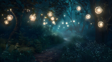 A scene of a dense forest at night, where the path is lit by glowing, ethereal orbs.