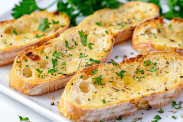 Garlic bread sprinkled with herbs, presented on a white backdrop
