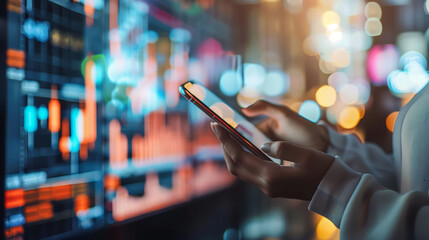 Close-up of a business professional's hands using a smartphone app with stock market graphs in the background..