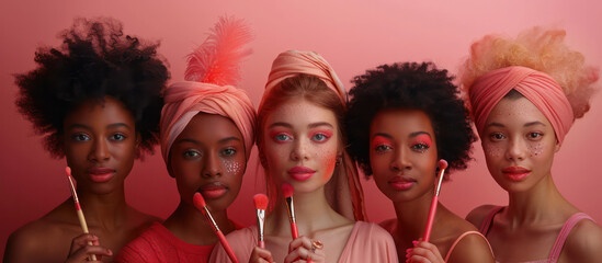 A group of women with different colored hair and makeup, holding makeup brushes,Scene is one of unity and diversity, as the women come together to celebrate their differences and similarities - obrazy, fototapety, plakaty