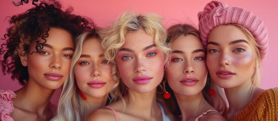 A group of women with different hair colors and styles pose for a photo. Scene is one of unity and diversity, as the women come together to celebrate their differences and similarities - obrazy, fototapety, plakaty
