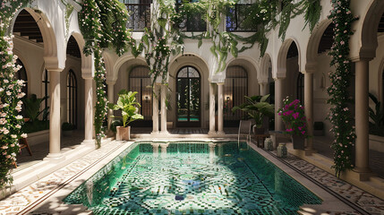 A serene courtyard oasis with a mosaic-tiled swimming pool, shaded cabanas, and fragrant jasmine...