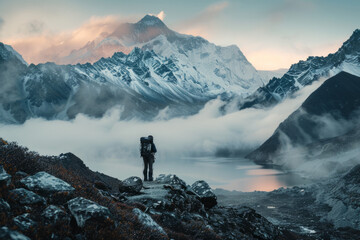 The picturesque evening view of Mount Everest from the Gokyo valley, with a traveler on the route to the Everest base camp - obrazy, fototapety, plakaty