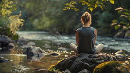 A person sits on a rock knees pulled close to chest back facing the camera. The peaceful serenity of the surroundings . . - obrazy, fototapety, plakaty