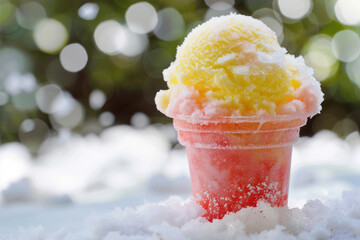 Colorful snow cone in a plastic cup on a snowy surface with bokeh background