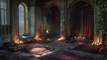 A serene prayer room bathed in soft candlelight, featuring intricately woven prayer rugs, ornate calligraphy, and fragrant incense wafting through the air.