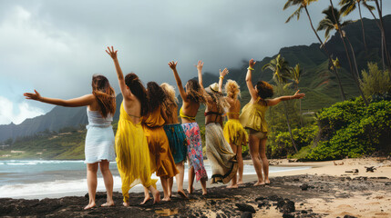 A group of women are standing on a beach, some of them wearing yellow dresses Celebrating Women's Innovation - obrazy, fototapety, plakaty