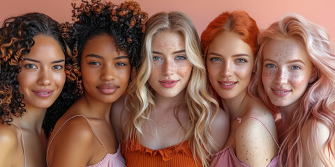 A group of women with different hair colors and styles pose for a photo. Scene is one of unity and diversity, as the women come together to celebrate their differences and similarities