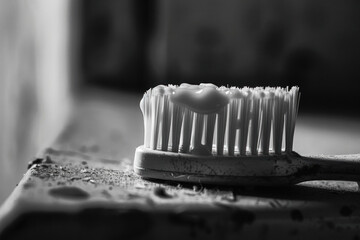Close-up of a toothbrush with toothpaste in black and white