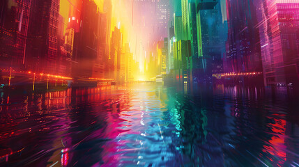 A scene of a river that flows through a city of light, its waters reflecting a myriad of colors.