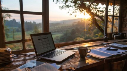 Tranquil remote workstation bathed in morning glow, showcasing laptop, coffee, and notes.