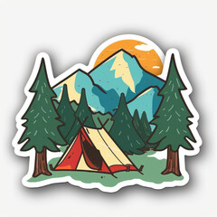 This illustrated sticker features a colorful camping scene set against majestic mountains, encapsulating the spirit of outdoor adventure among the pines.