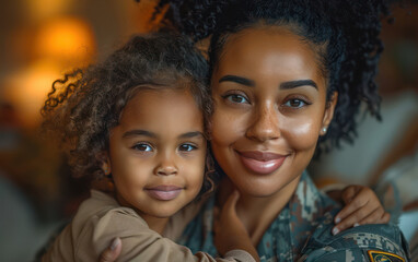 A soldier woman and a child are hugging each other