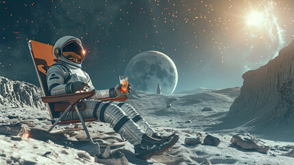 An astronaut reclines on a sun lounger, leisurely enjoying a cocktail, while basking in the delights of a space vacation	 - obrazy, fototapety, plakaty