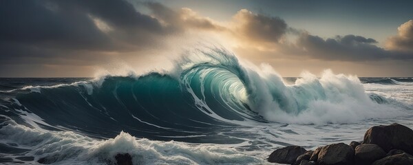 A huge tsunami wave will soon hit the shore - obrazy, fototapety, plakaty