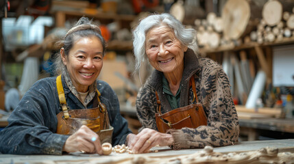 Two women are smiling and working on a project together. They are both wearing aprons and seem to be enjoying their time