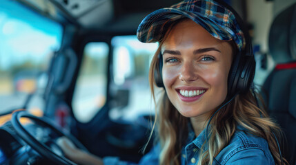 A woman is smiling and wearing a hat and headphones while driving a truck