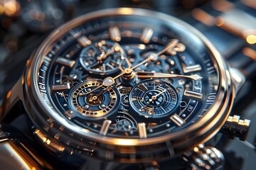 Intricately Detailed Solar Powered Luxury Timepiece with Reflective Metallic Components and Gears