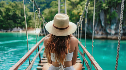 Young beautiful woman walks on a suspension bridge over a turquoise lake