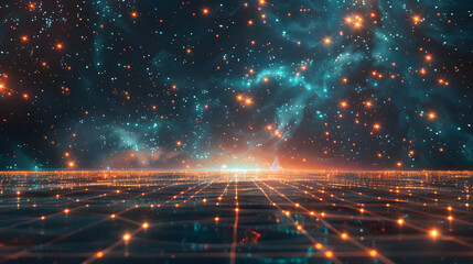 A scene of a vast plain under a cosmic sky, where each star is connected by glowing lines. - obrazy, fototapety, plakaty