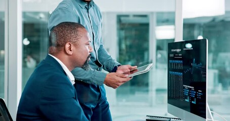 Office, men and computer with data for teamwork or collaboration as business analyst with feedback and results. Review, help and learning in pc to analyze statistics or information for company growth