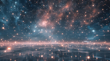 A scene of a vast plain under a cosmic sky, where each star is connected by glowing lines. - obrazy, fototapety, plakaty