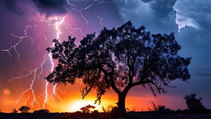 thunderstorm with intricate lightning streaks across the night sky illuminating the scene
