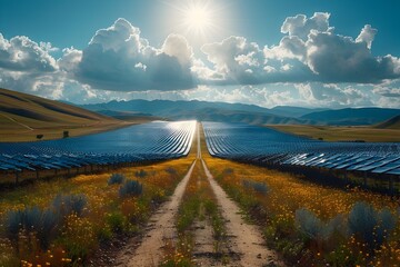 Serene Solar Farm Nestled in Picturesque Countryside with Dramatic Shadows and Expansive Blue Sky - obrazy, fototapety, plakaty