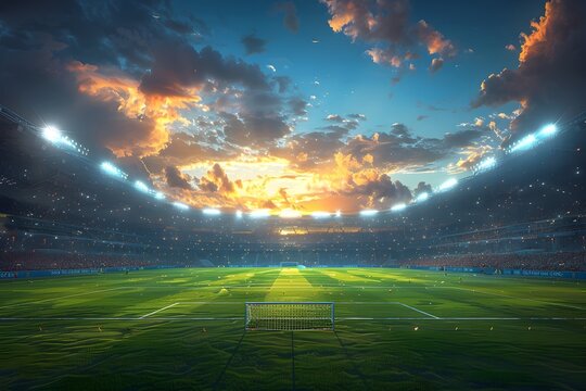 Photo of a Captivating Floodlit Soccer Stadium at Twilight with Dramatic Skies