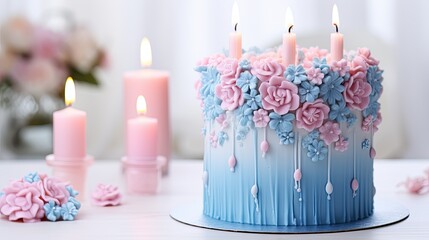 decorations pink and blue birthday cake - obrazy, fototapety, plakaty