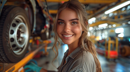 A woman is smiling and posing for a picture in a garage - Powered by Adobe