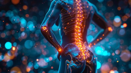 A visual representation of a person with lower back pain, including a discomfort indicator , 3d illustrate, science color mood and tone - obrazy, fototapety, plakaty