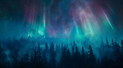 A scene of an aurora borealis over a forest, with colors more vivid than ever seen before. - obrazy, fototapety, plakaty