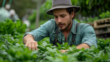 Farmer Inspecting Organic Produce, Sustainable Agriculture Style, Farm-to-Table Concept, Suitable for Organic Farming Advocacy, Agricultural Education, Healthy Eating Campaigns