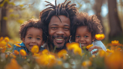 A man and two children are laying in a field of yellow flowers
