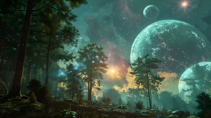 A scene where planets align, visible from an enchanted forest clearing.