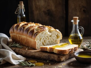Freshly sliced bread drizzled with golden olive oil. The background features a rustic wooden table with a few herbs and a bottle of olive oil