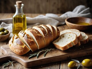 Freshly sliced bread drizzled with golden olive oil. The background features a rustic wooden table with a few olives, herbs and a bottle of olive oil