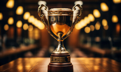 Elegant Golden Trophy Cup on Wooden Table with Blurred Background, Symbolizing Achievement, Success, and Championship Victory - obrazy, fototapety, plakaty