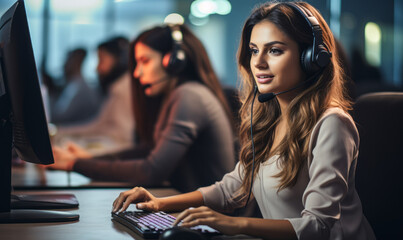 Professional customer support representative wearing headset at modern office while working on computer, with colleague in background
