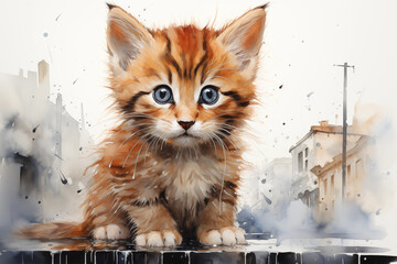 Adorable fluffy tabby kitten with big blue eyes in a whimsical urban watercolor setting.