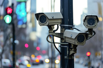 Surveillance cameras strategically monitor pedestrian activity at a bustling intersection. - obrazy, fototapety, plakaty
