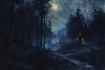 絵本の挿絵のような薄暗く深い森の中にある不気味な家