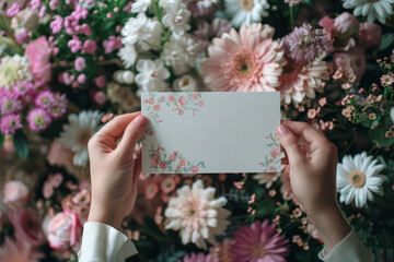 A hand holding a white card in front of a bunch of pink flowers