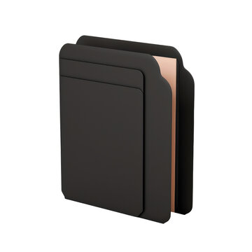 A close up of a black folder with a brown strip