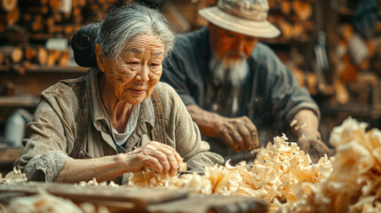 An elderly couple is working together in a workshop, with the woman cutting wood
