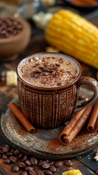Mexican Champurrado. Corn Chocolate Hot Drink with Cinnamon. Coffee in Ceramic Mug, Festive Dessert Beverage. Dia de muertos, Cinco de Mayo. Vertical Banner. AI Generated
