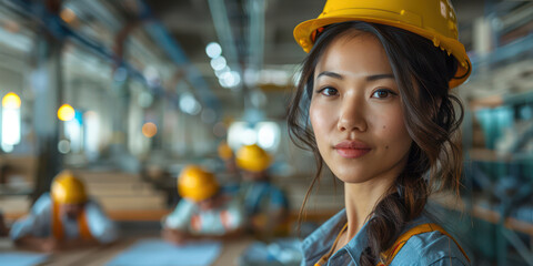 Asia engineer woman wearing a yellow shirt and a hard hat is smiling at the camera. She is surrounded by other people, all wearing hard hats. Concept of camaraderie and teamwork