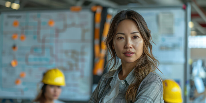 Asian woman wearing a yellow hard hat stands in front of a white board with drawings on it. She is looking directly at the camera