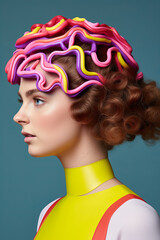 Naklejka premium A woman with a pink, purple, and yellow headpiece